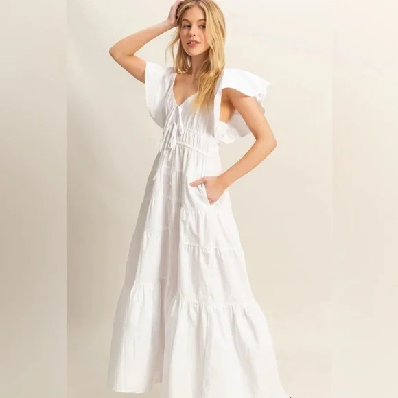 NEW HYFVE White Flutter Sleeve Tiered Cotton Maxi Dress Size Medium - Picture 6 of 7
